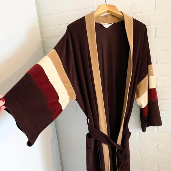 Vintage 70s Men’s (or unisex) Robe Velvet Mod Blokecore Brown Earthy tones OS - Picture 2 of 11